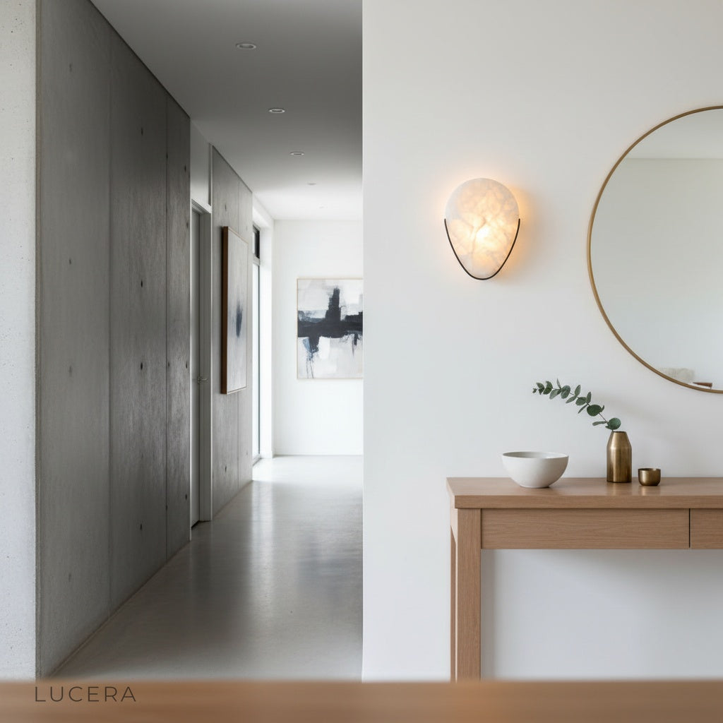Close-up of Borealis sconce showing sleek minimalist metal details and alabaster texture