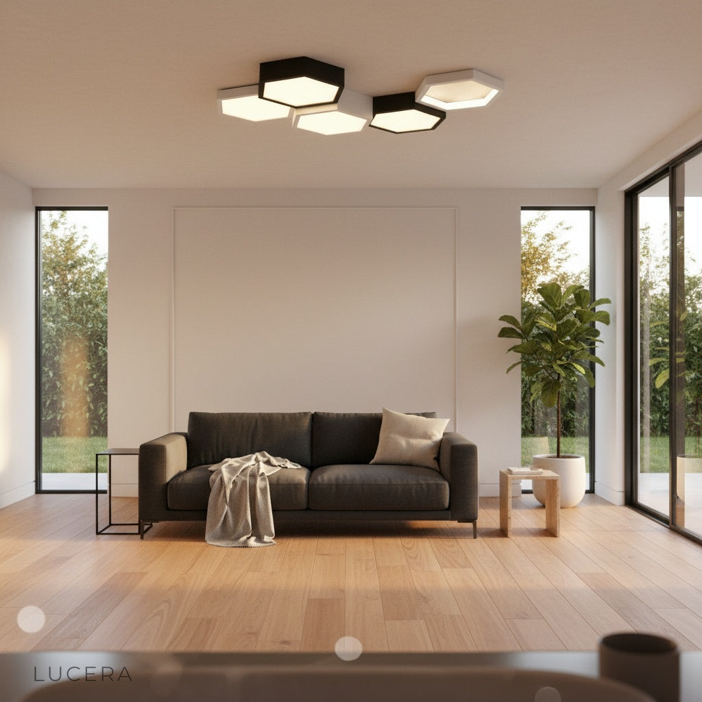 Aurelia hexagonal ceiling light at dusk in cozy living room with layered lighting