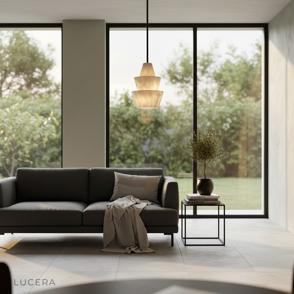 Sculptural Fillet Alabaster pendant light in contemporary hallway with concrete wall and plant