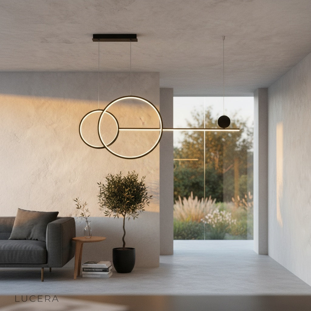 Brumal pendant light in bedroom corner with soft evening glow and shadows