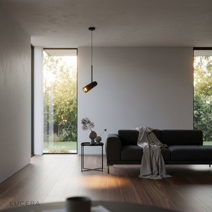 Bistre pendant light pair in hallway with dramatic shadows and modern architectural backdrop