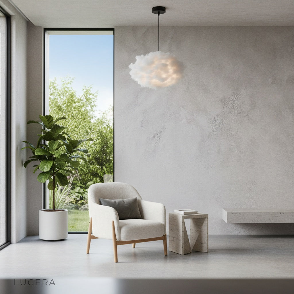 Front view of Whimsical Nine pendant light in a bright studio setting, showing the sculptural cloud design and warm bulb glow