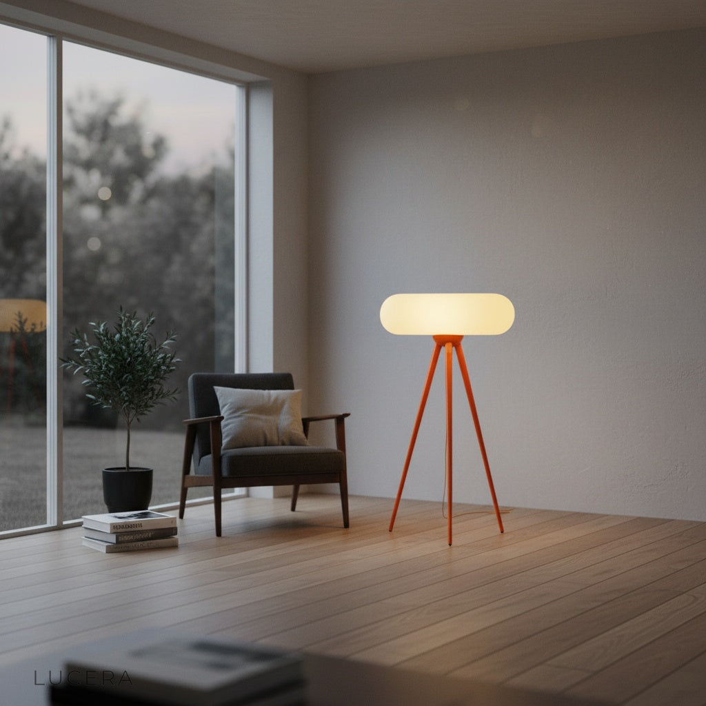 Contemporary Juncture Floor Lamp beside reading chair in bright study room