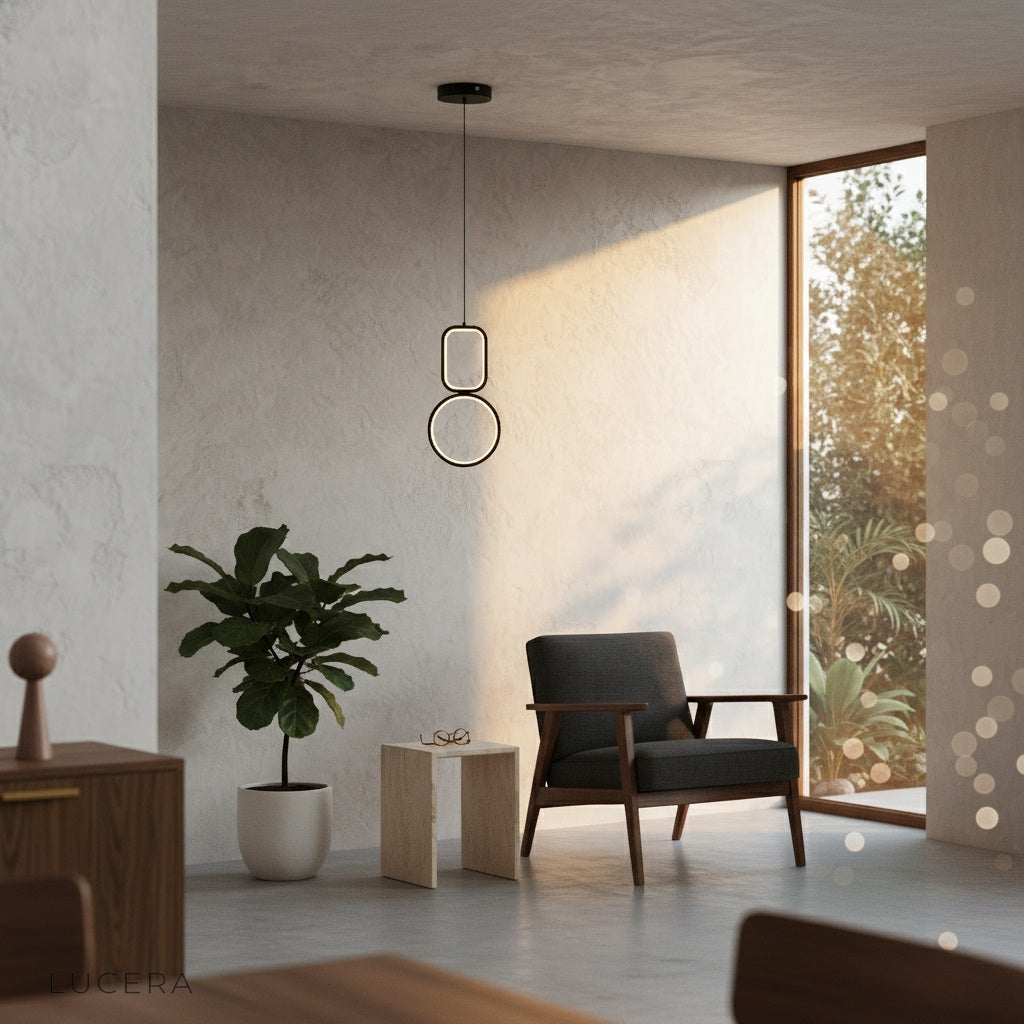Facade pendant light casting geometric shadows on wall in evening ambiance
