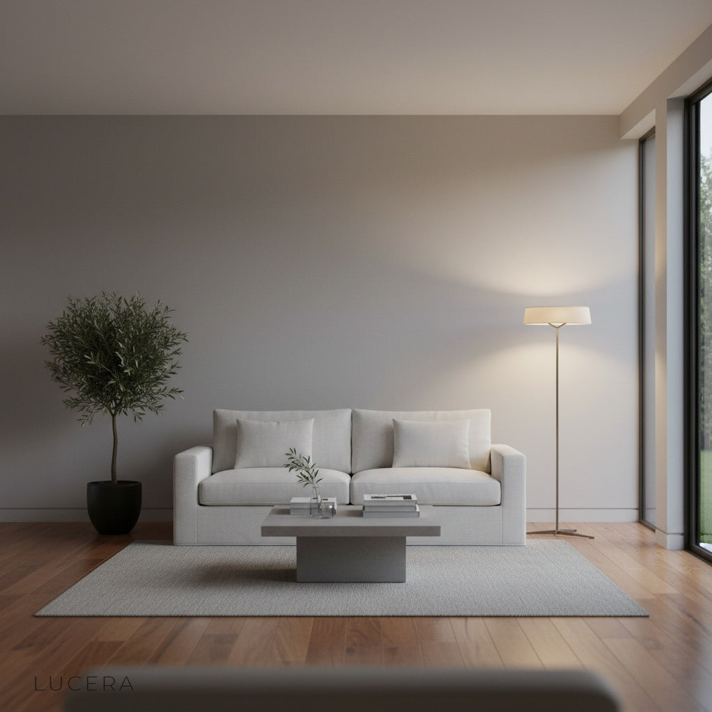 Glacier Floor Lamp in a cozy reading corner with open-top shade casting warm ambient light