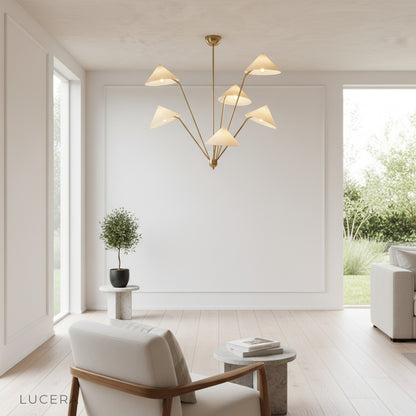 close-up of Genevieve light's Japanese cloth shade and warm LED glow detail