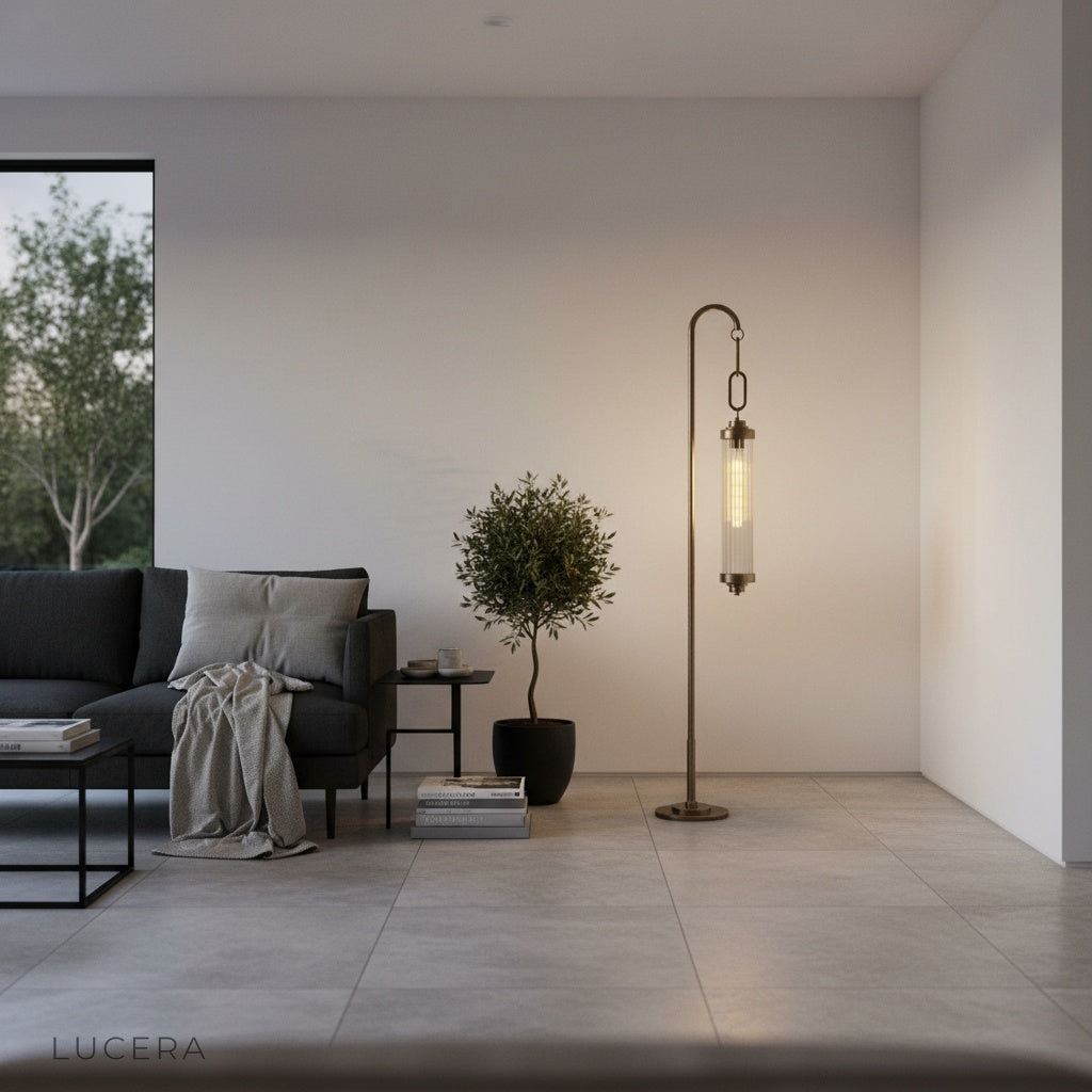 Sacrament Floor Lamp brass patina detail and textured glass surface