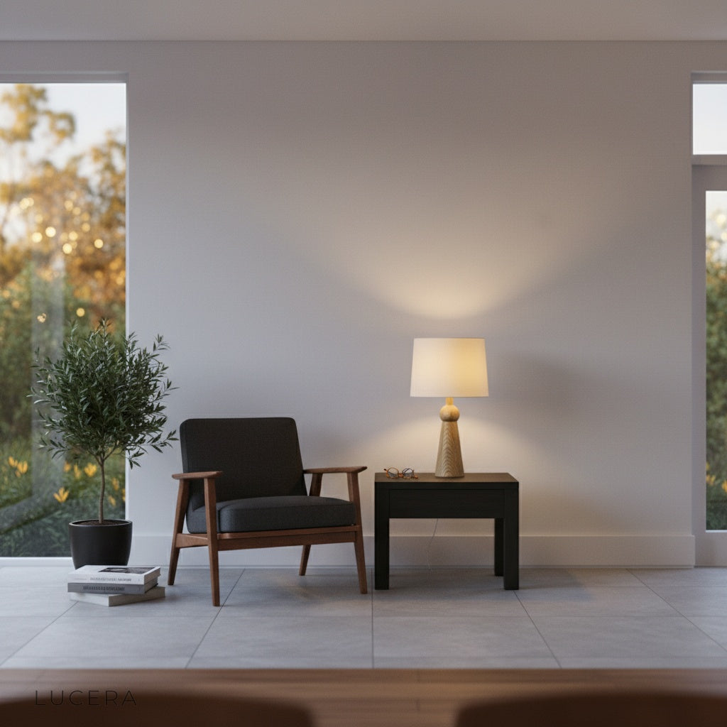 Rhapsody Table Lamp lit at dusk on office desk with books and ceramic vase