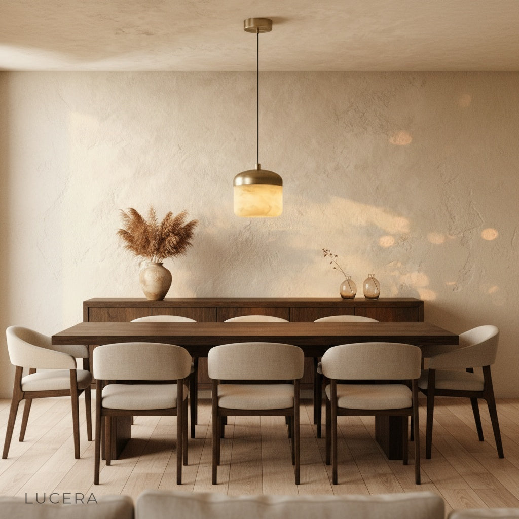 Energico Lucera pendant light glowing warmly in a minimalist hallway