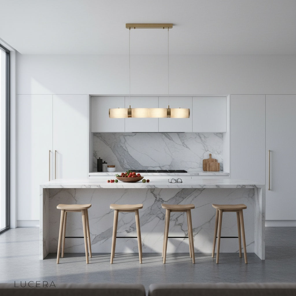 Vanguard chandelier hanging above dining table in bright contemporary space
