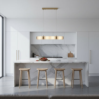 Vanguard chandelier hanging above dining table in bright contemporary space
