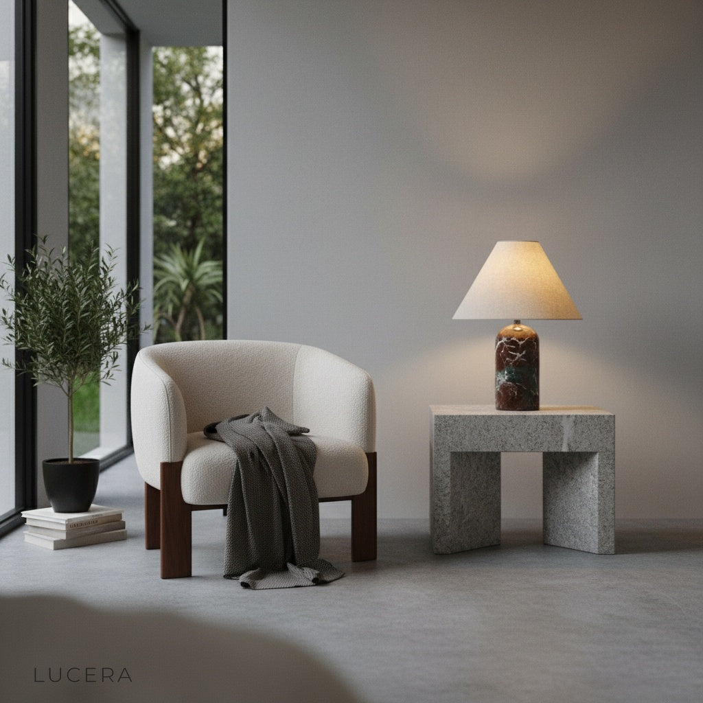 Sculptural Xerophytic Table Lamp on brass tray in elegant sitting room corner