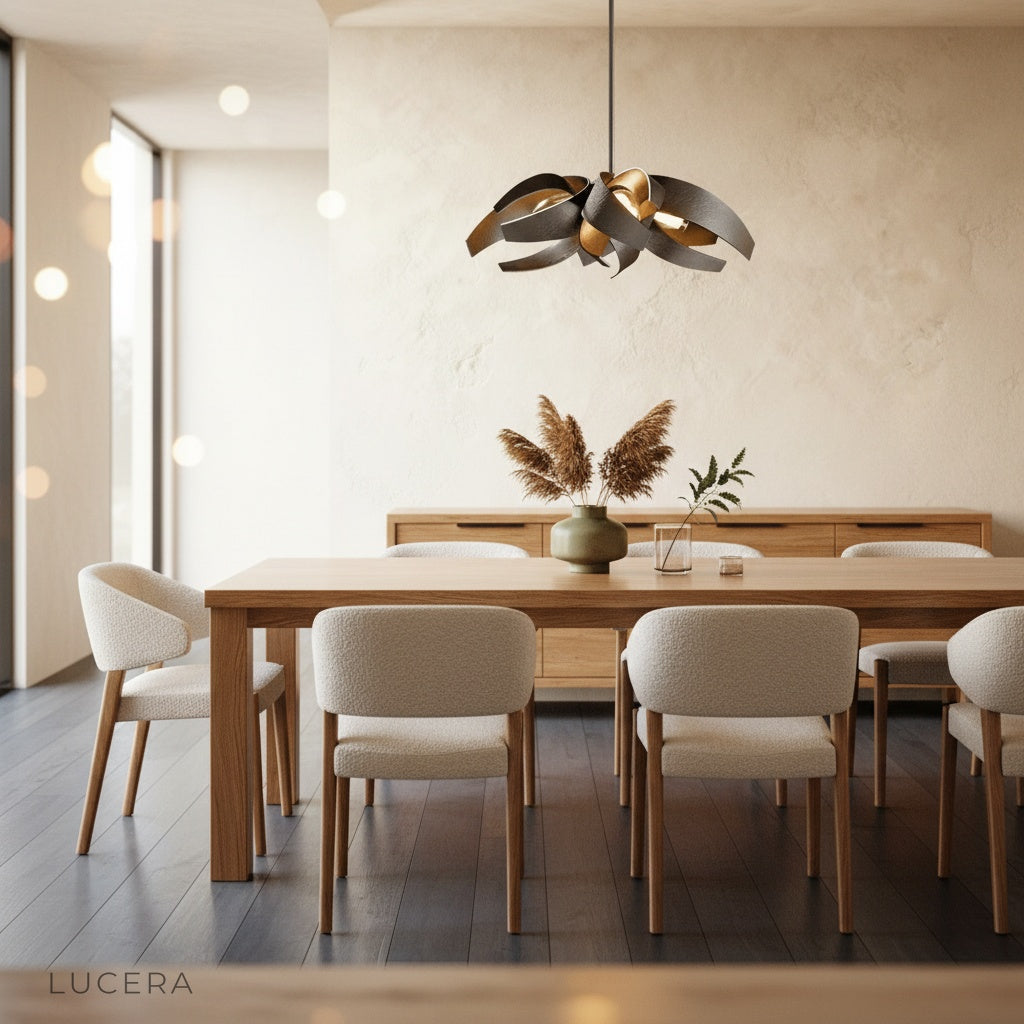 Incanto Chandelier above a marble kitchen island in a luxury modern home at dusk