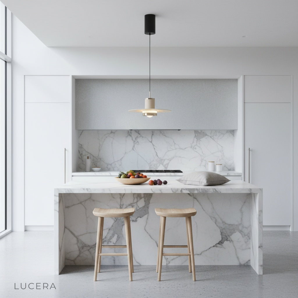 zarzuela pendant light hanging in minimalist living room with soft ambient light