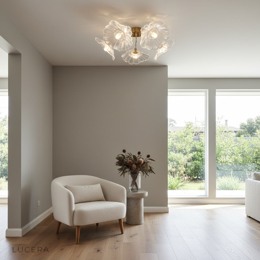 Uranium ceiling light in bright hallway with natural daylight highlighting glass details