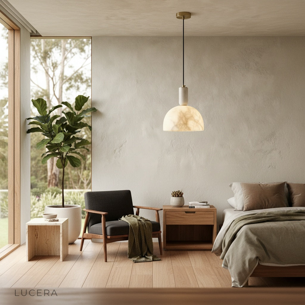Midas pendant light hanging over a kitchen island with soft daylight and neutral tones