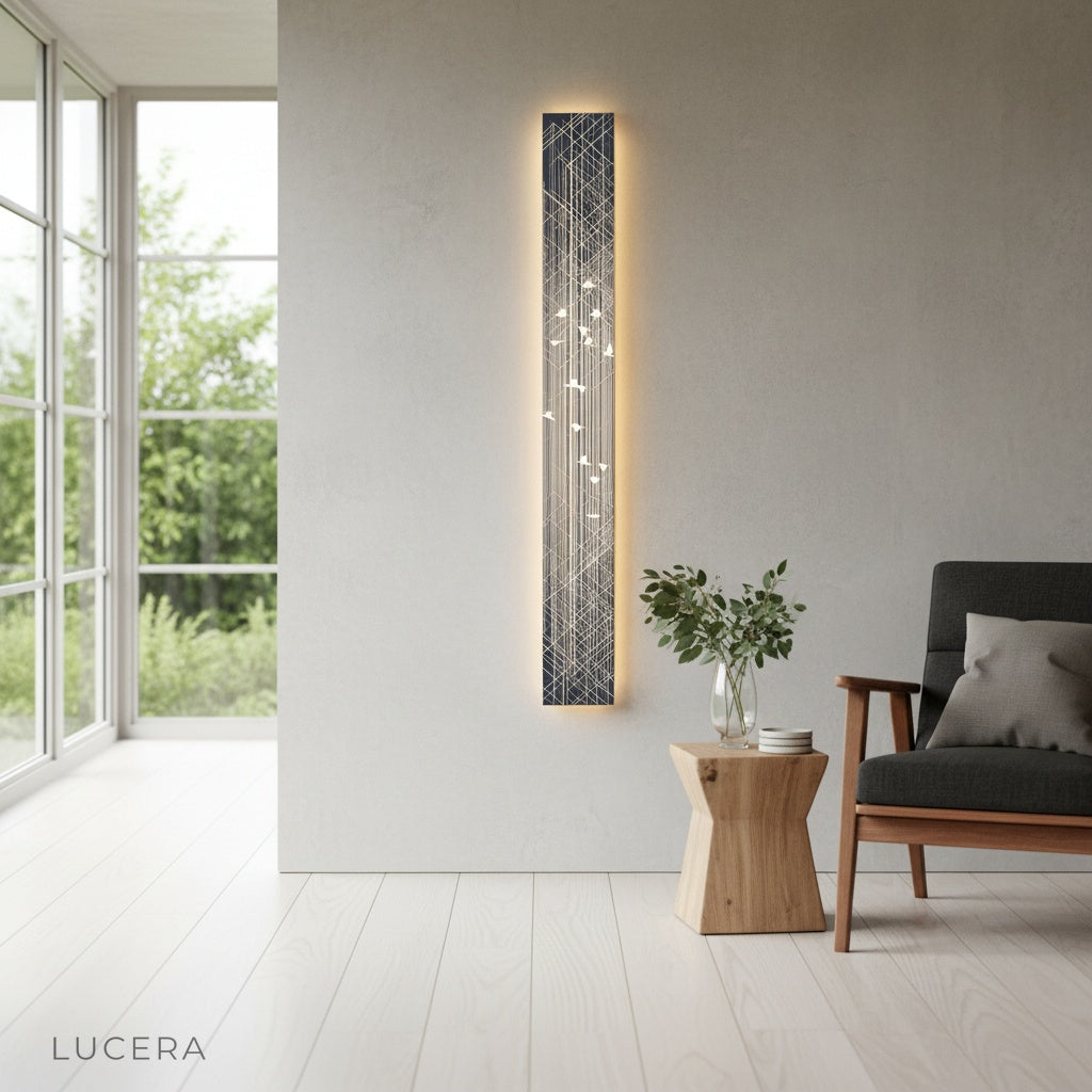 Vela Steel Illuminated Art mounted on dark accent wall, dramatic contrast