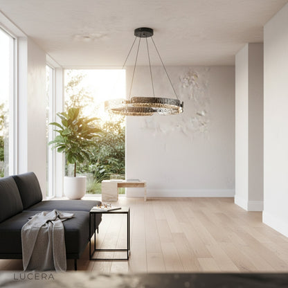 chandelier with clear glass shades in bright breakfast nook setting