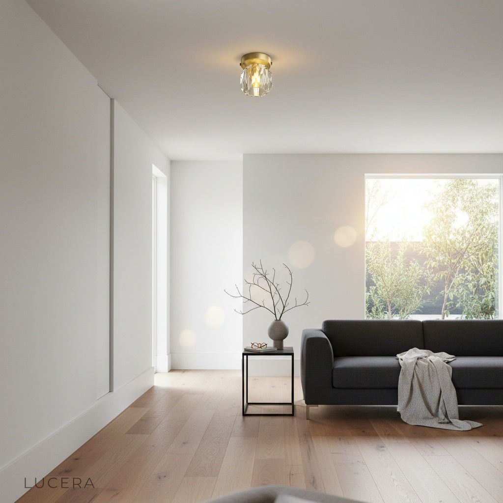 nighttime ambient shot of crystal ceiling lamp in dark elegant room