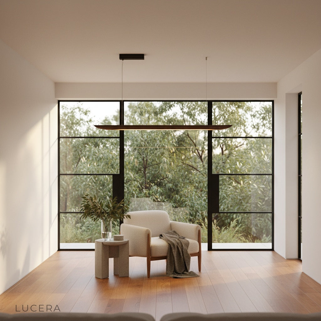 Fauvist pendant light in a cozy reading nook with a linen armchair and warm ambient lighting