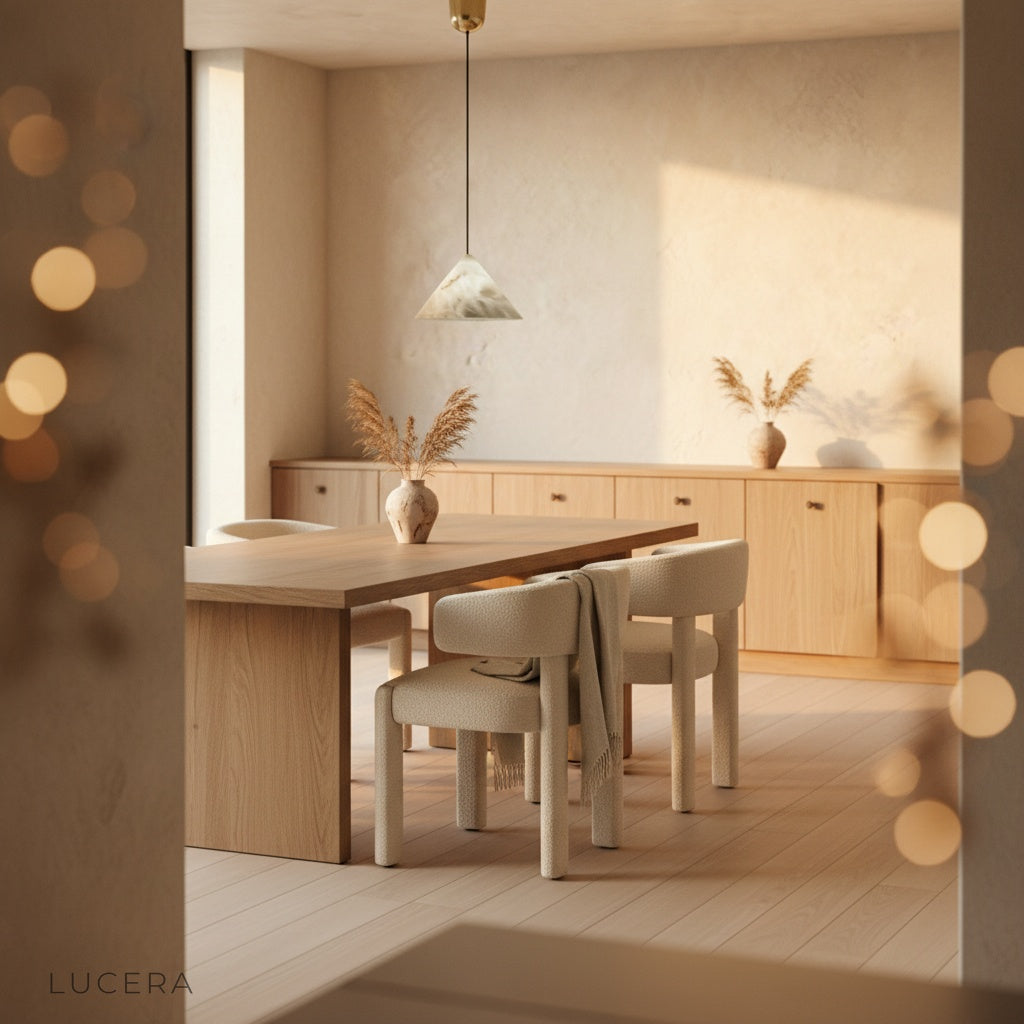Herald Alabaster Pendant Light in dim ambient lighting, showing delicate Sakura-inspired color gradients