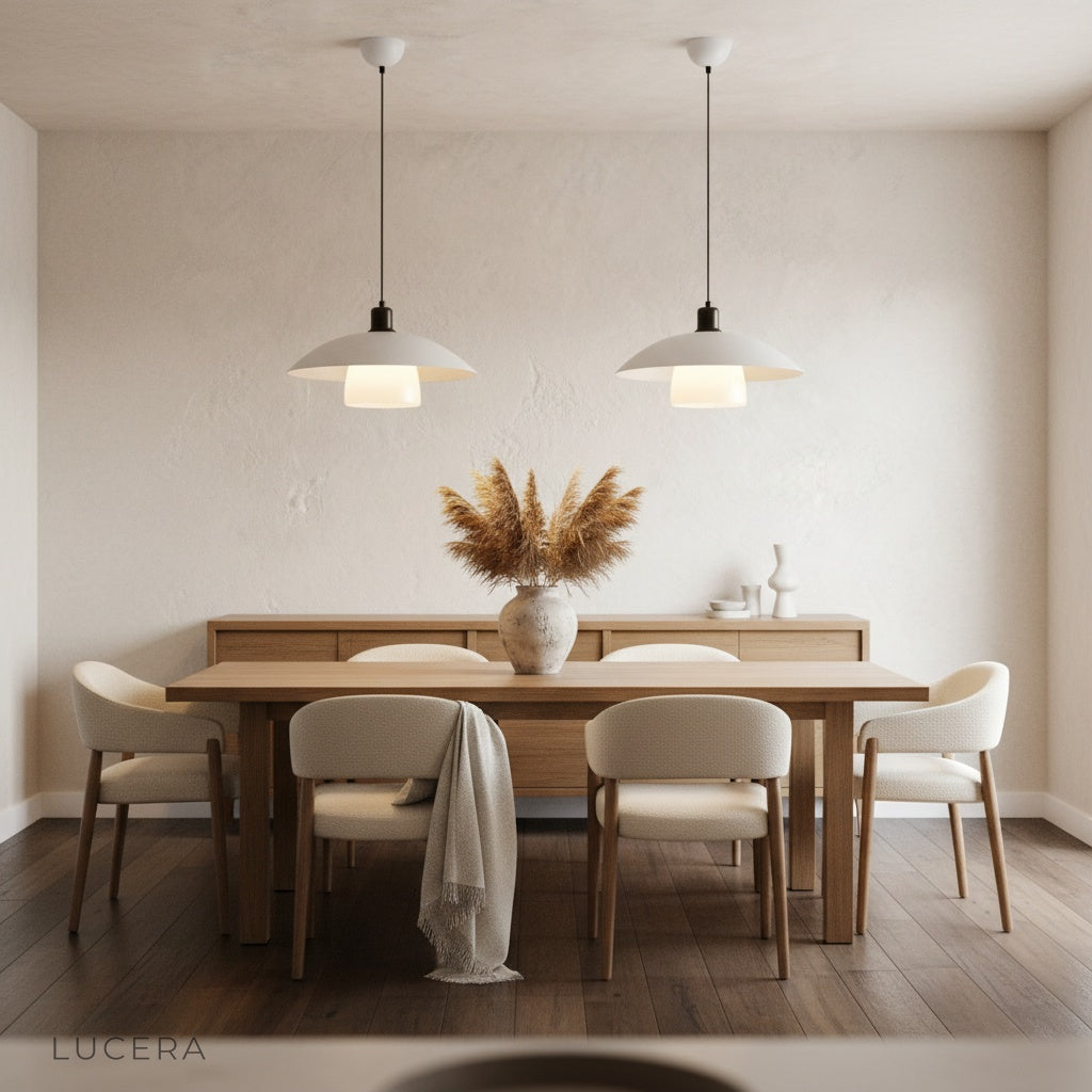 Eburnean pendant light hanging low over oak dining table with ceramic vase
