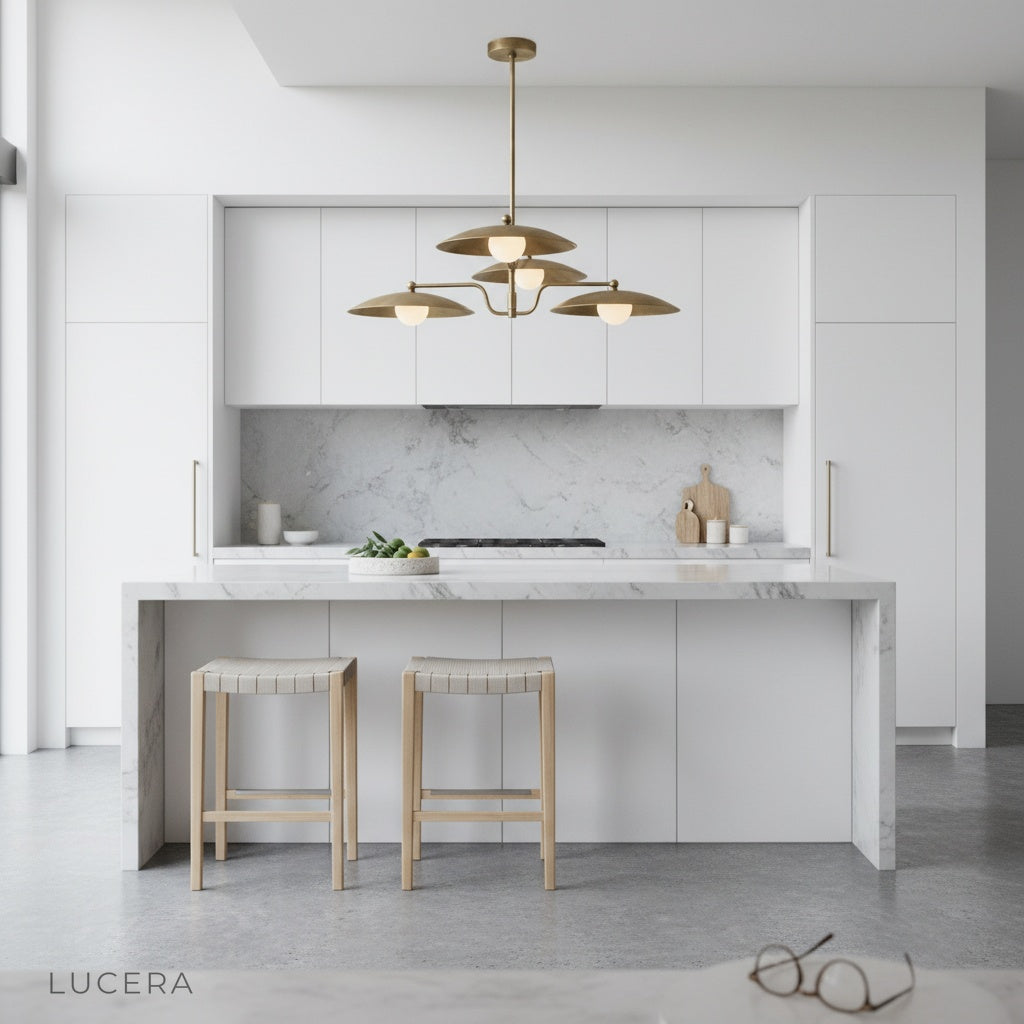 Stellar Brass Chandelier casting warm light over a minimalist bedroom nightstand