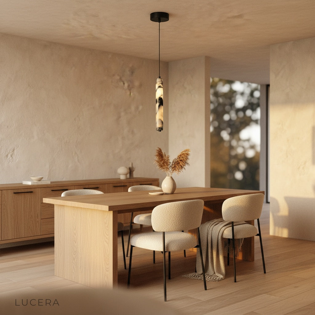 elegant marble pendant light in a dark moody hallway casting a serene warm glow
