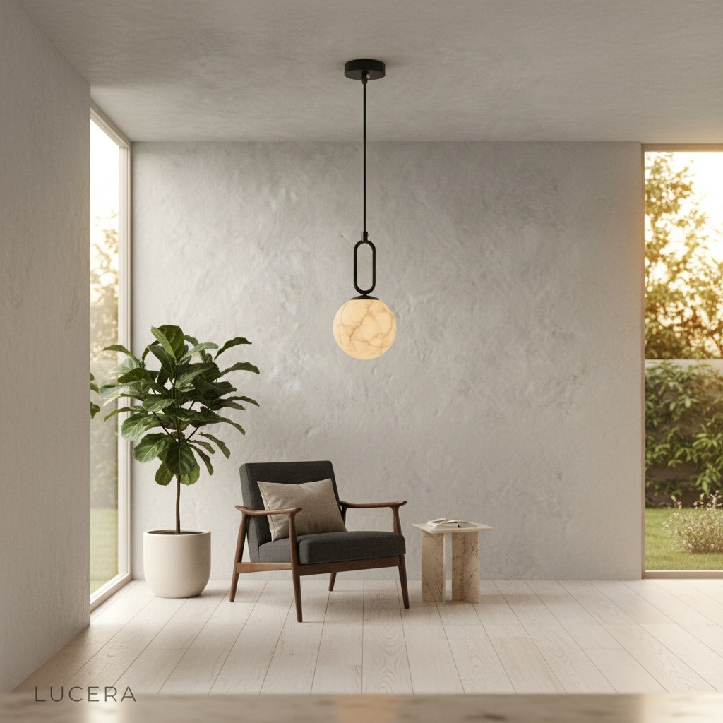 Haven pendant light in minimalist bedroom with warm accent