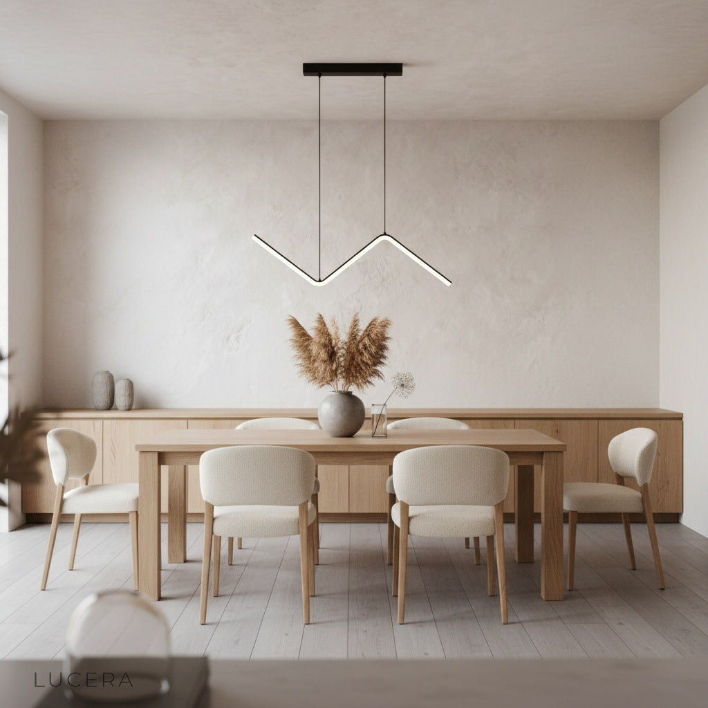 Grisaille pendant light casting cool white light in minimalist bedroom setting