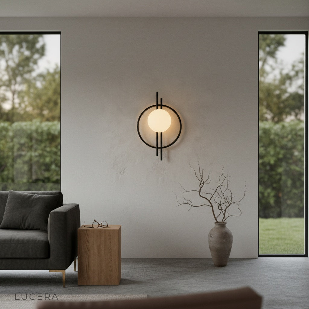 Leander Wall Lamp casting ambient light in a minimalist bedroom