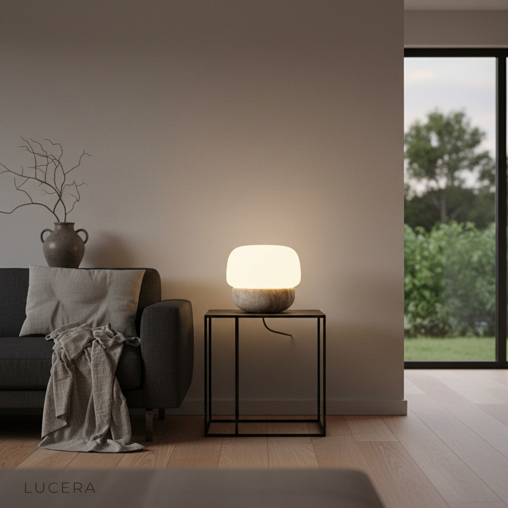 Close-up of travertine texture and softly glowing glass shade on Jut Table Lamp