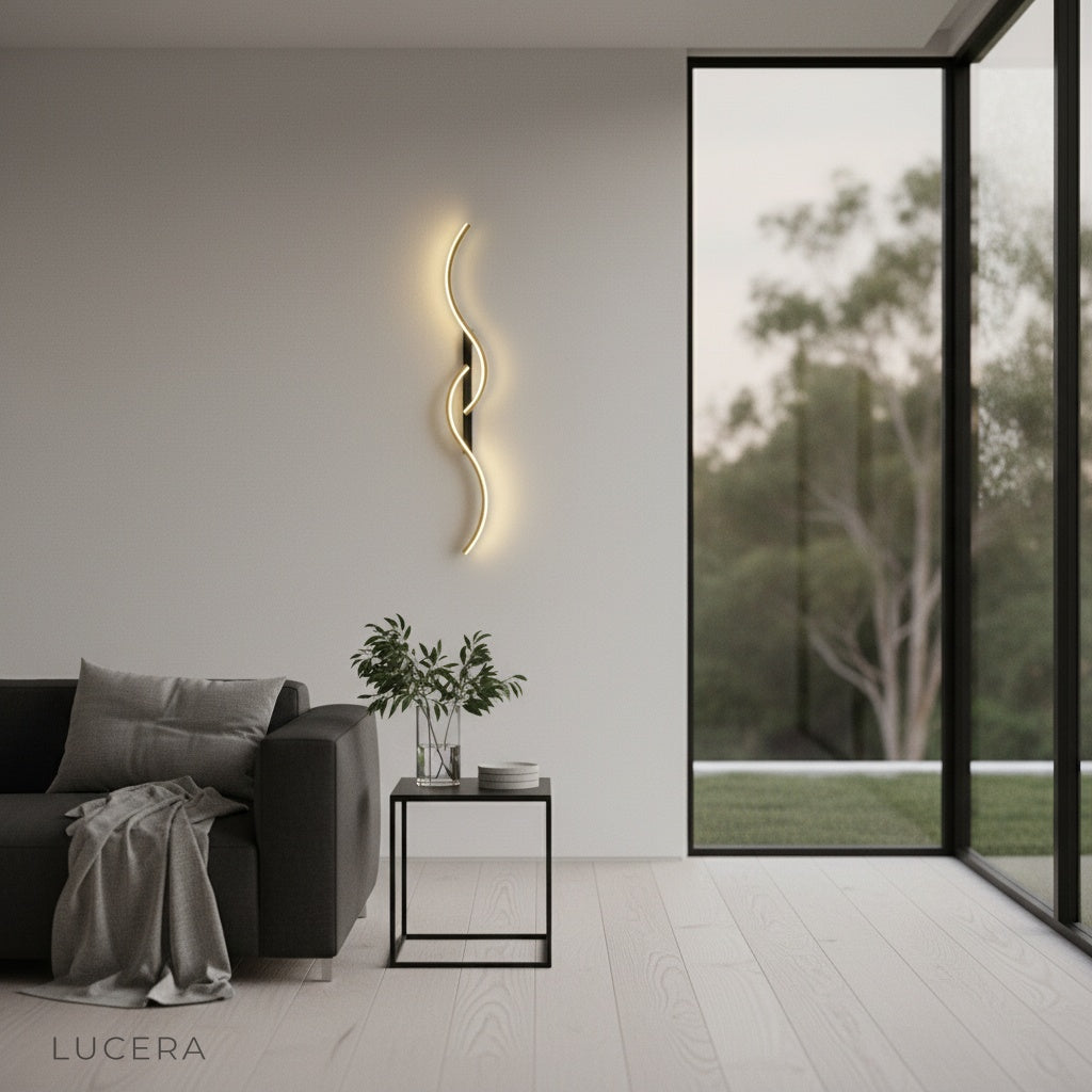 valerian wall lamp casting peaceful light in a modern bathroom mirror setting