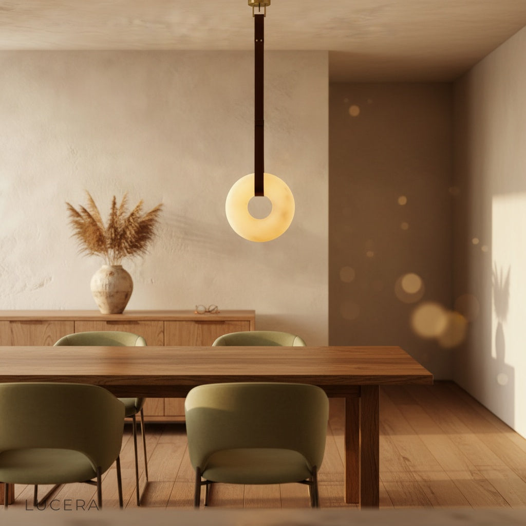 overhead lifestyle shot of Butte pendant light in bedroom with soft linen bedding