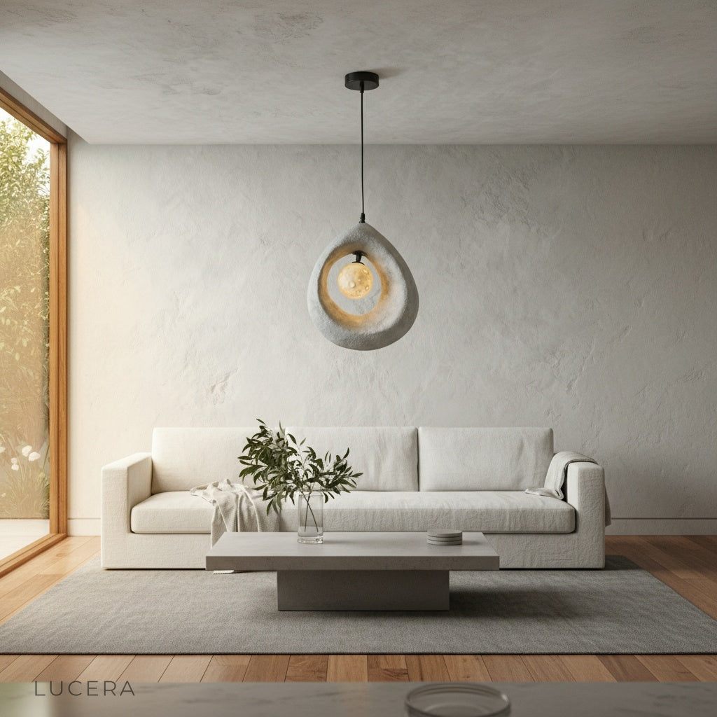 Kelp pendant light glowing in dark room with dramatic shadows on wall
