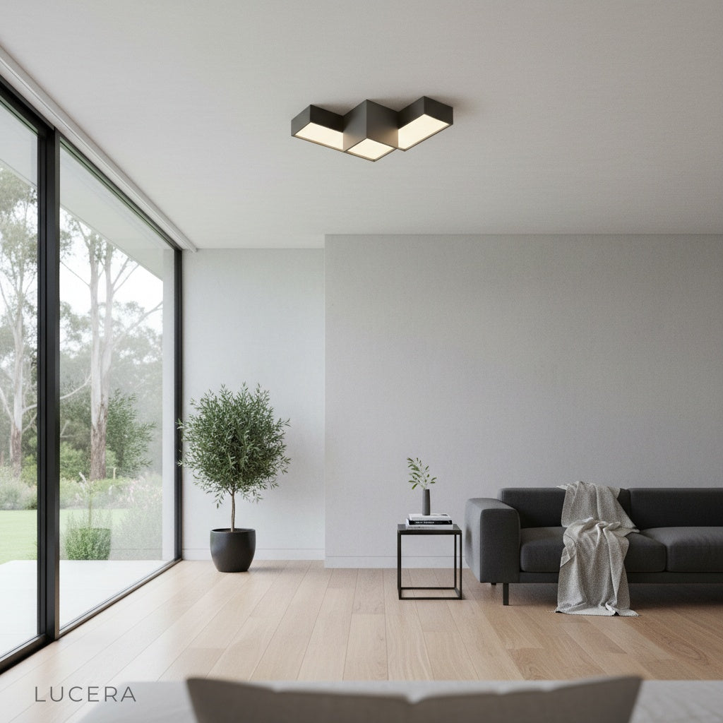 Nighttime lifestyle shot of sculptural light in stylish home office