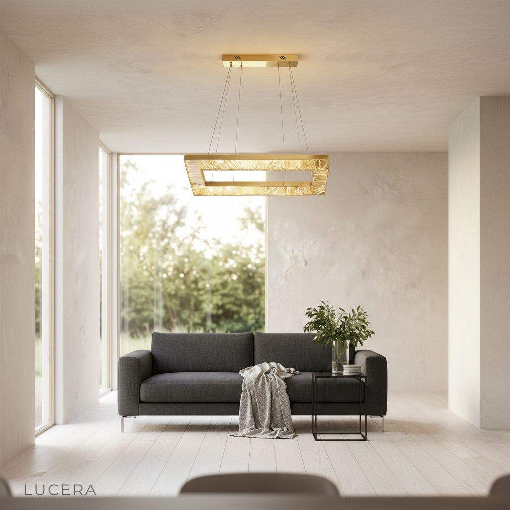 Port Chandelier glowing warm ambient light in evening living room