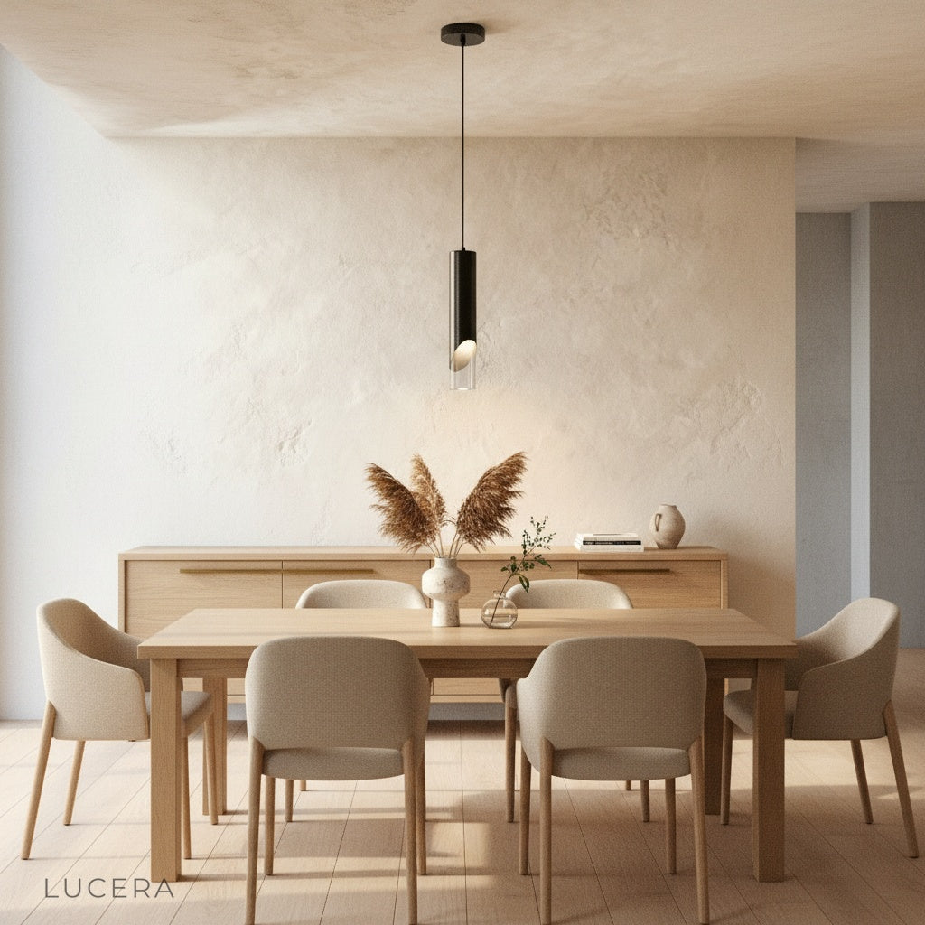 Winifred pendant light hanging above bedside table in minimalist bedroom at night