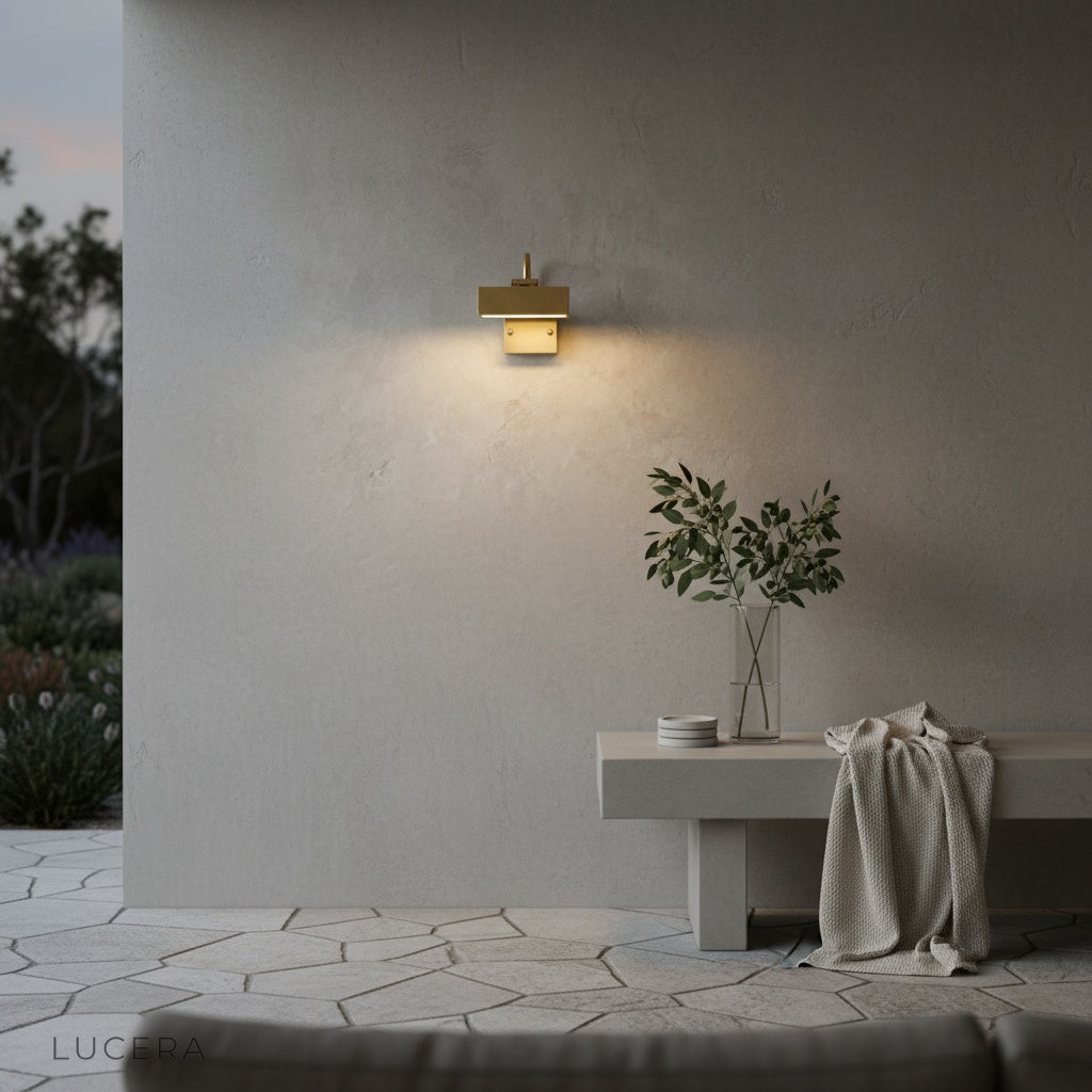 Nighttime lifestyle shot of Quiete lamp illuminating a garden walkway