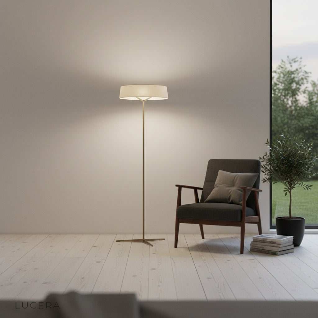 Glacier Floor Lamp illuminated at dusk in a bedroom, soft glow against dark wall