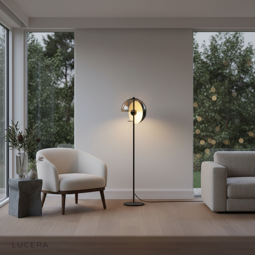 Oubliette Floor Lamp with dual hemispherical shades in dark ambient room