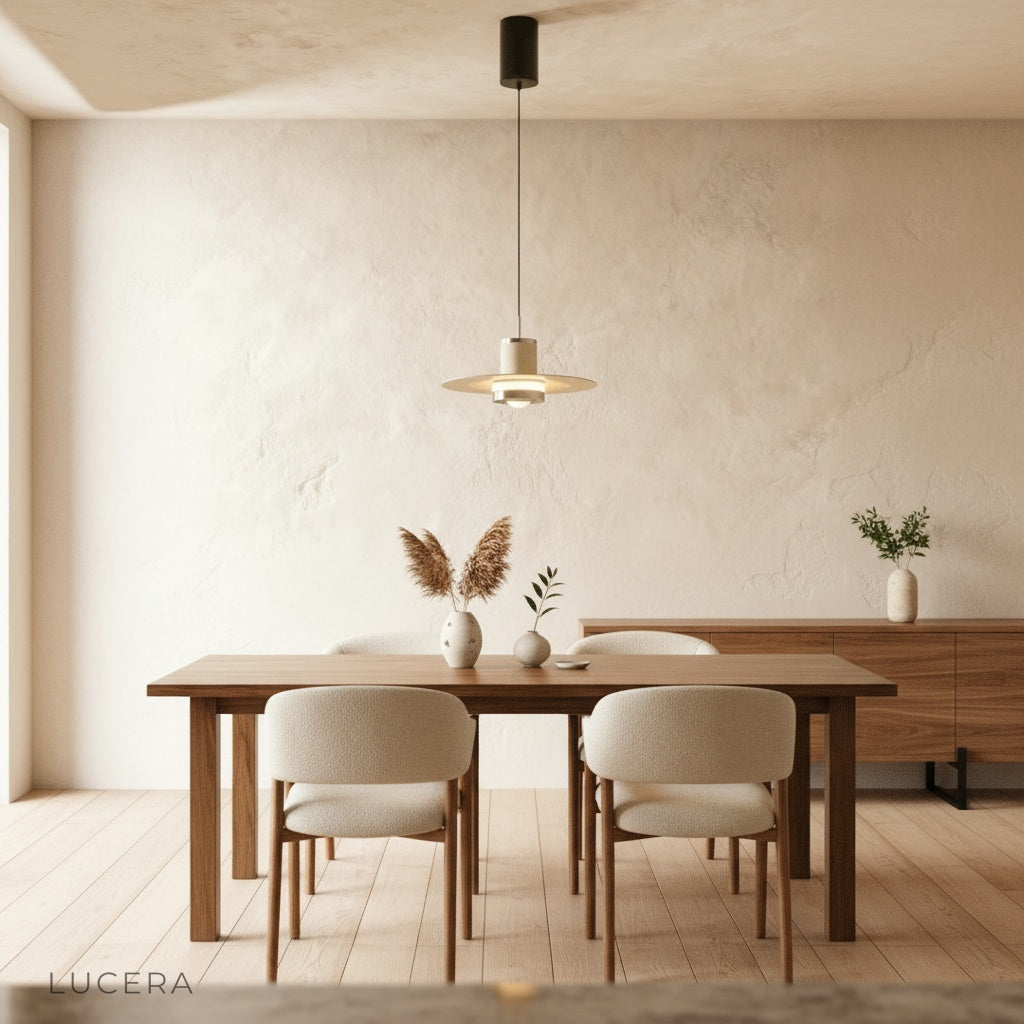 overhead view of zarzuela pendant light casting even light over wooden table