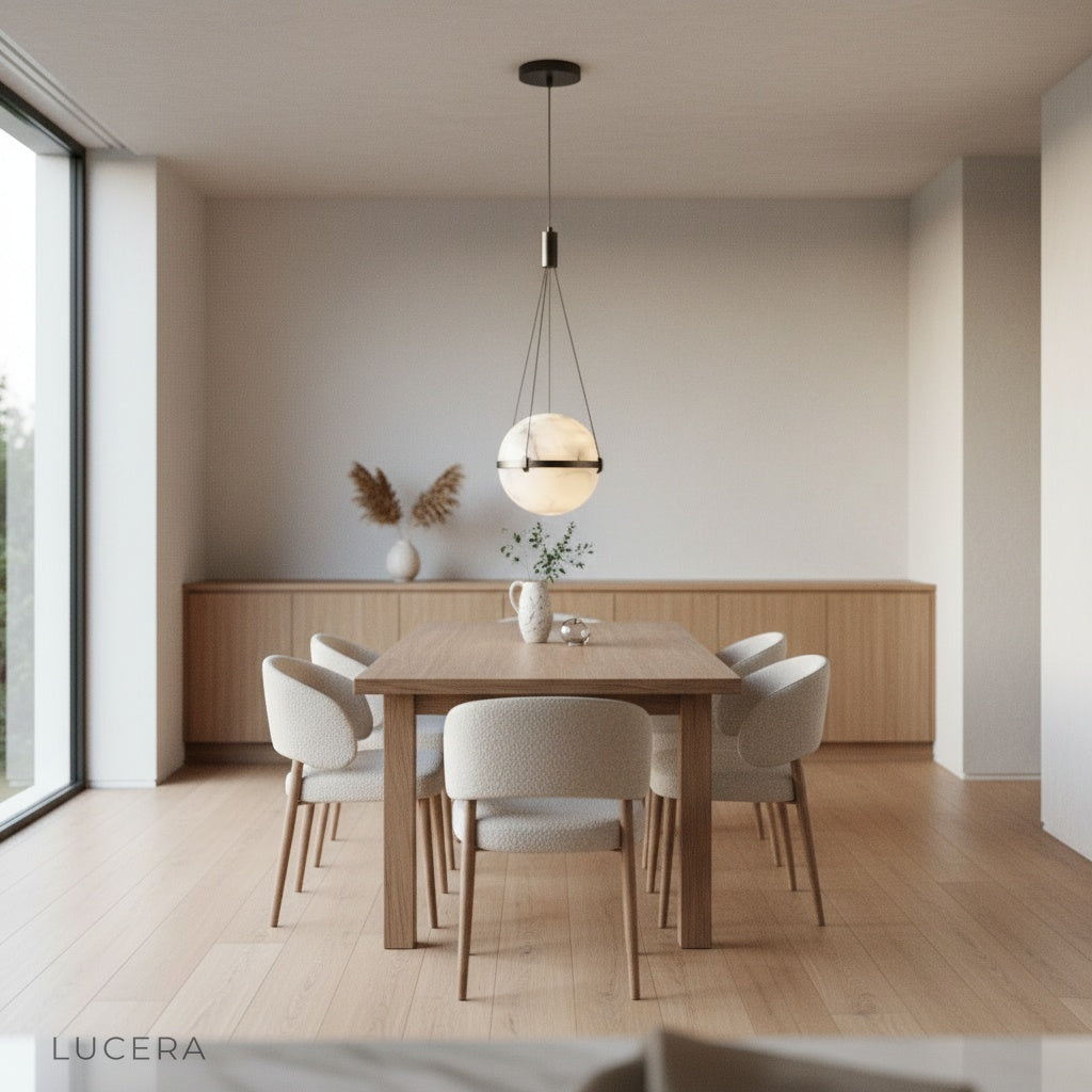 Seraphine Pendant Light casting warm ambient light in cozy bedroom at dusk