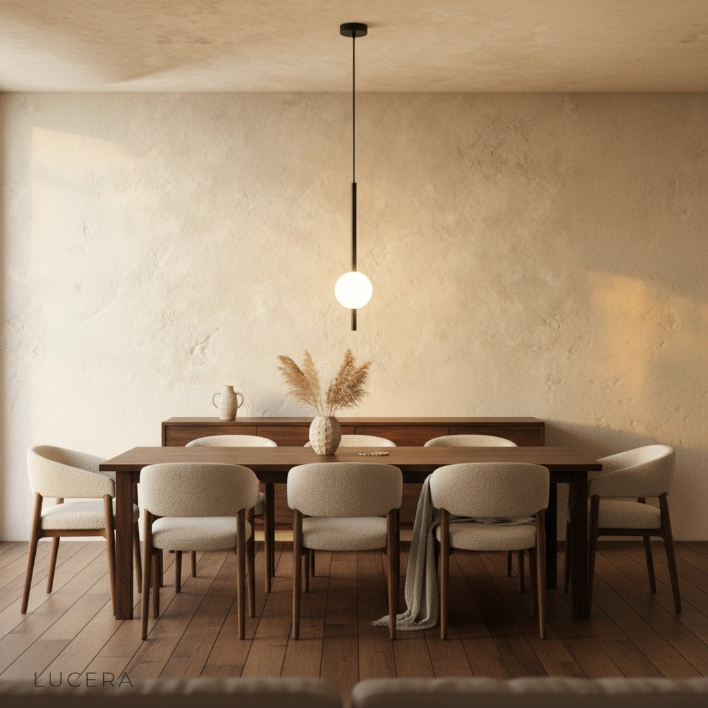 Fjord Sphere Pendant Light in bright reading nook with rattan chair