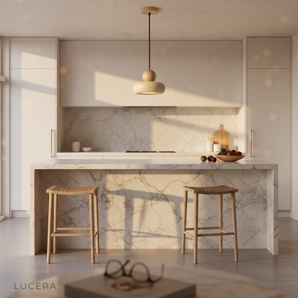Mensa Pendant Light with organic stone and wood in cozy interior corner