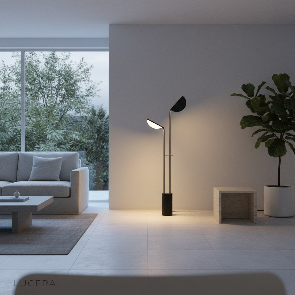 Xanthic Floor Lamp casting warm ambient glow in cozy lounge corner with armchair and bookshelf