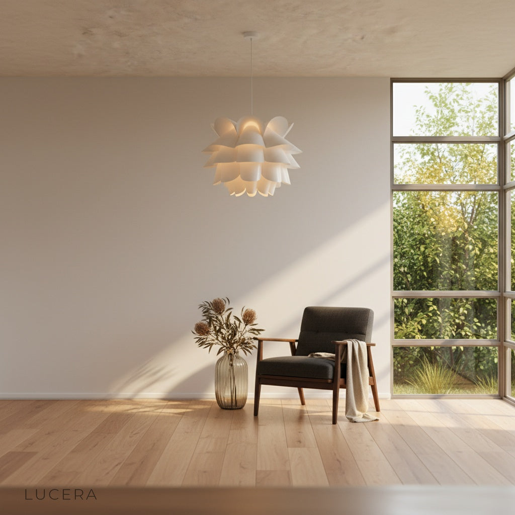 white lotus pendant light suspended over a stylish dining table in a bright space