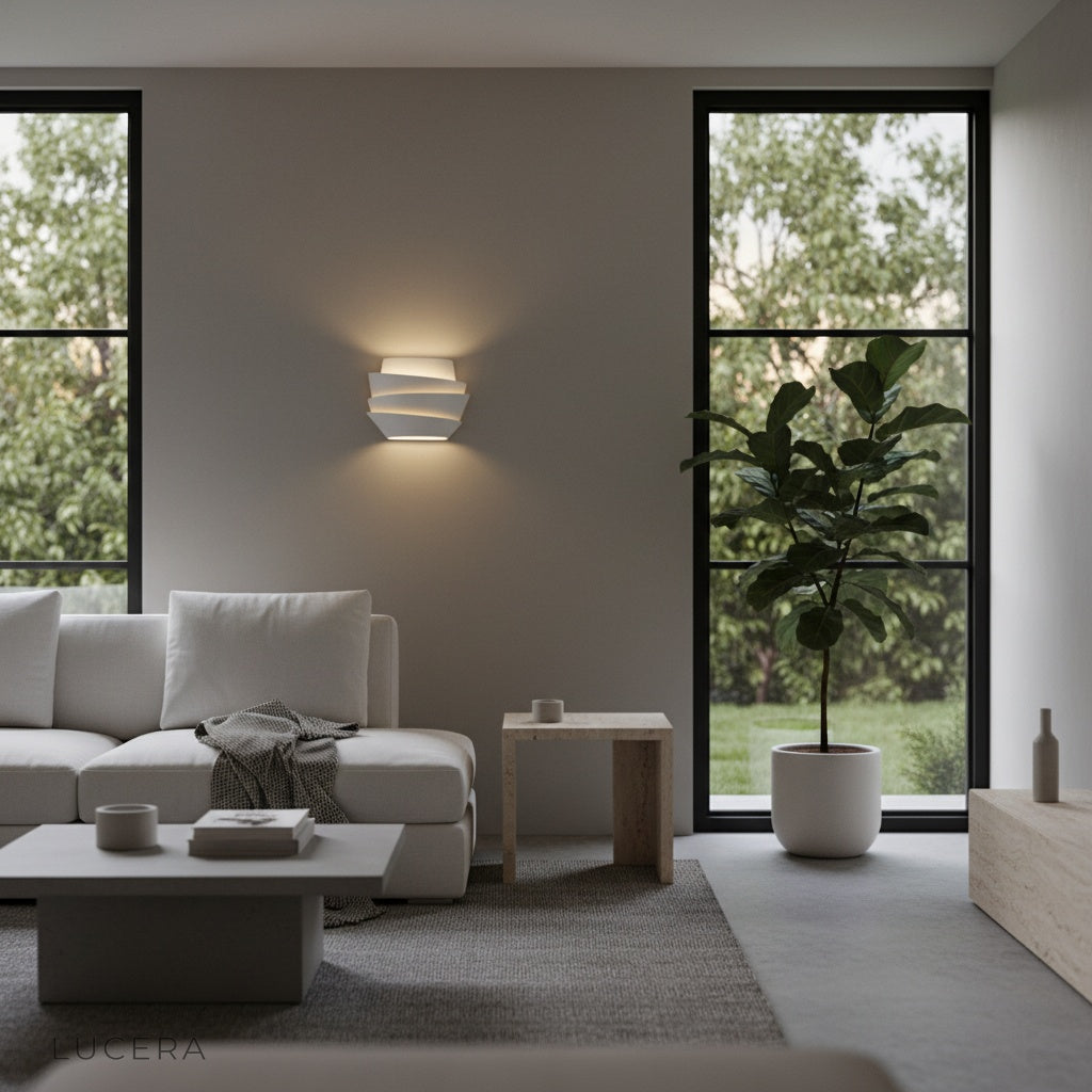 Manor Wall Lamp casting warm ambient light in a hallway at dusk, white finish