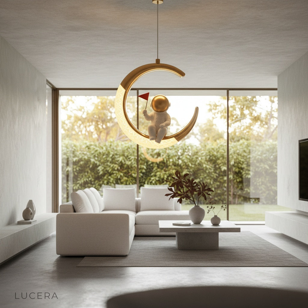 nighttime ambient shot of astronaut moon pendant light in a playroom