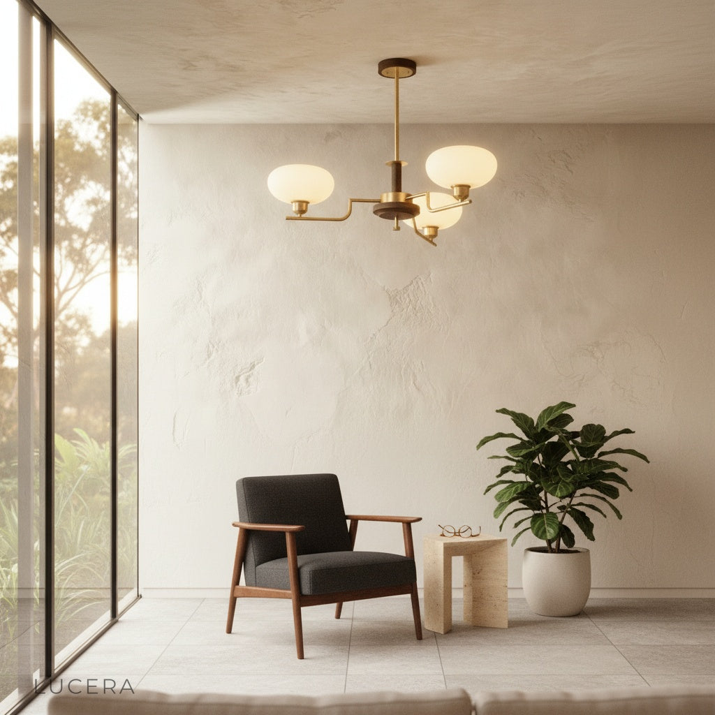 nighttime lifestyle view of inlet chandelier in a bedroom with soft shadows and linen textures